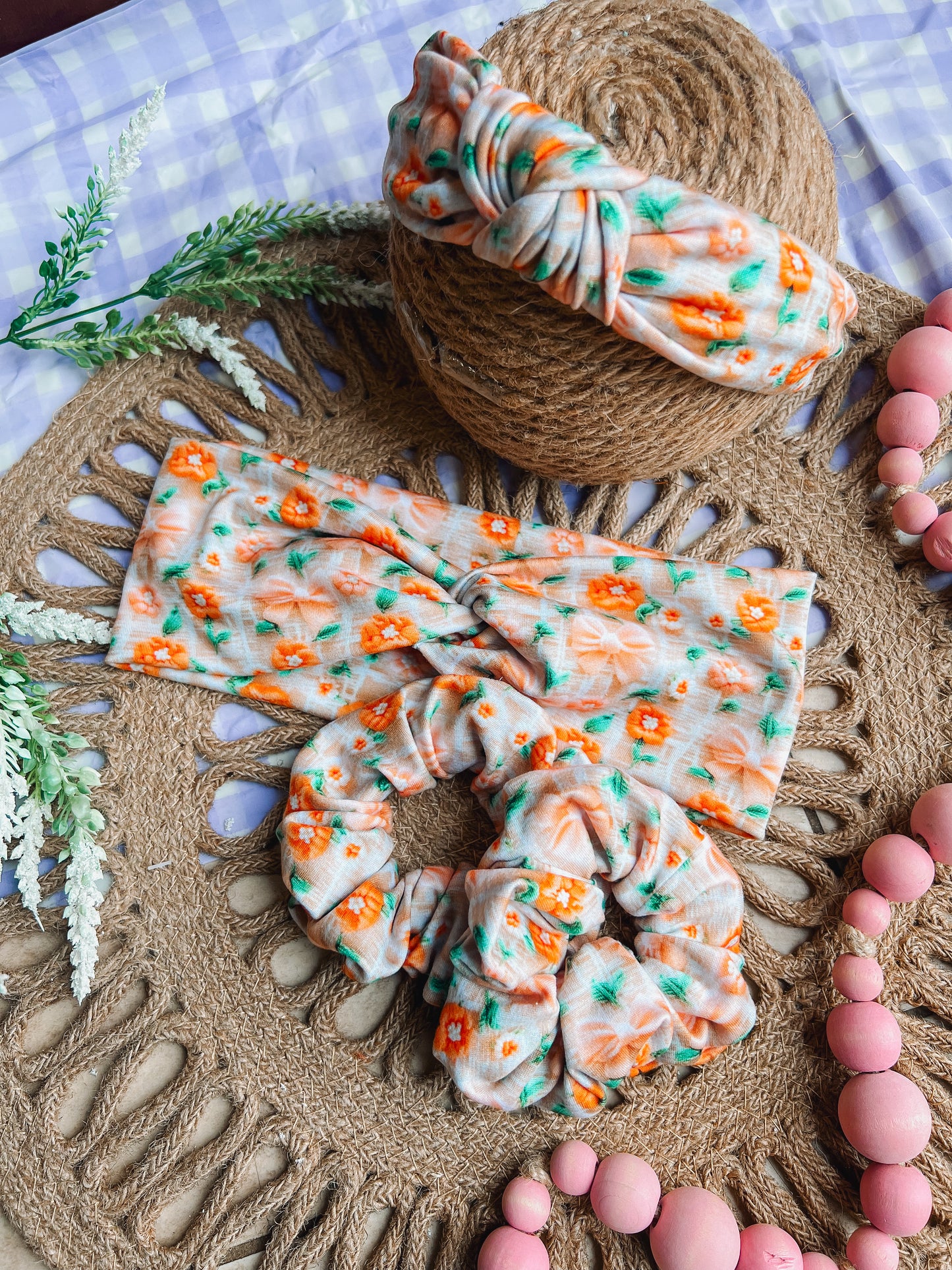 Coquette floral twistwrap/knitted headband/scrunchie