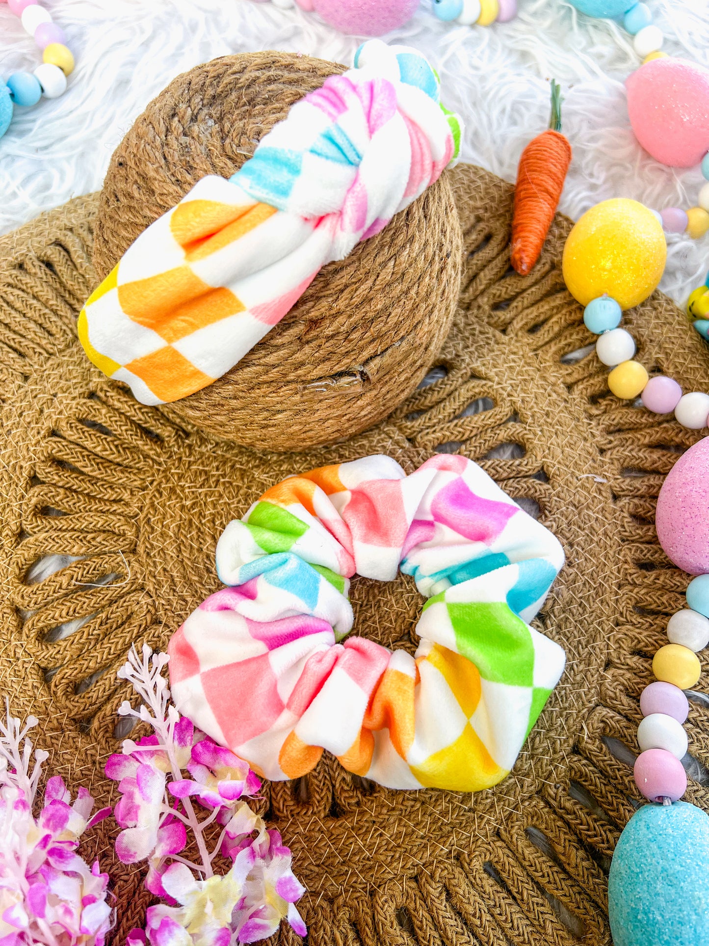 Easter checkers Velvet knotted headband, scrunchie (Copy)