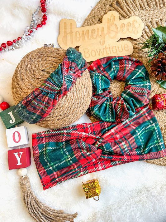 Red/Green Christmas Plaid knotted headband, scrunchie