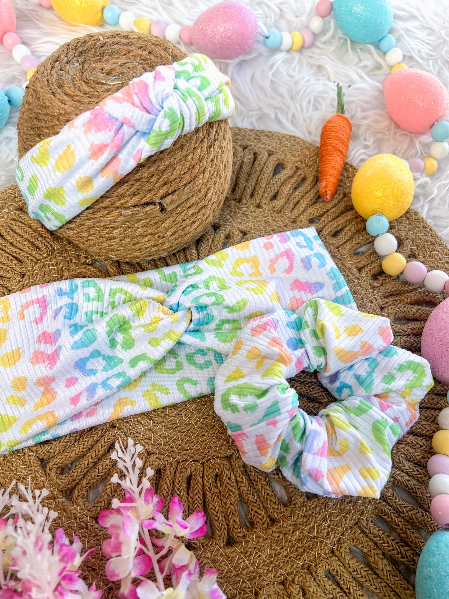 Easter Leopard Plaid knotted headband, scrunchie