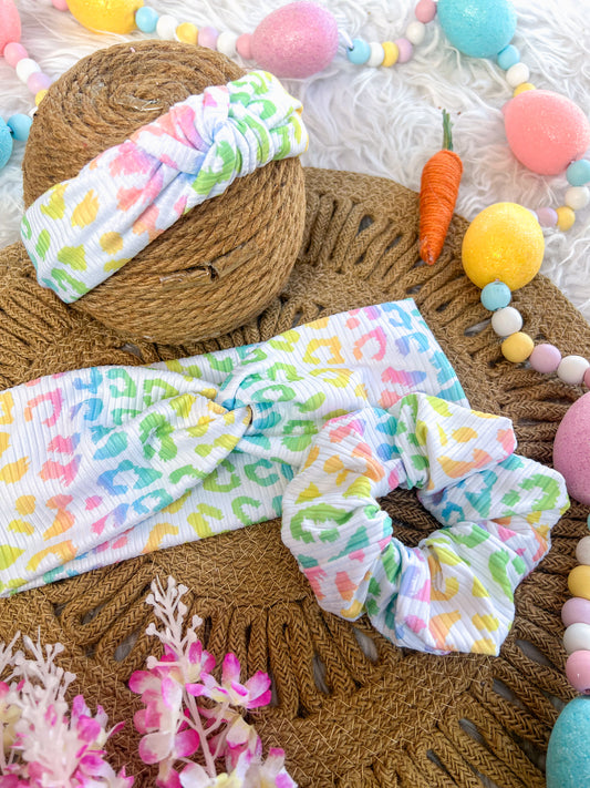 Easter Leopard Plaid knotted headband, scrunchie