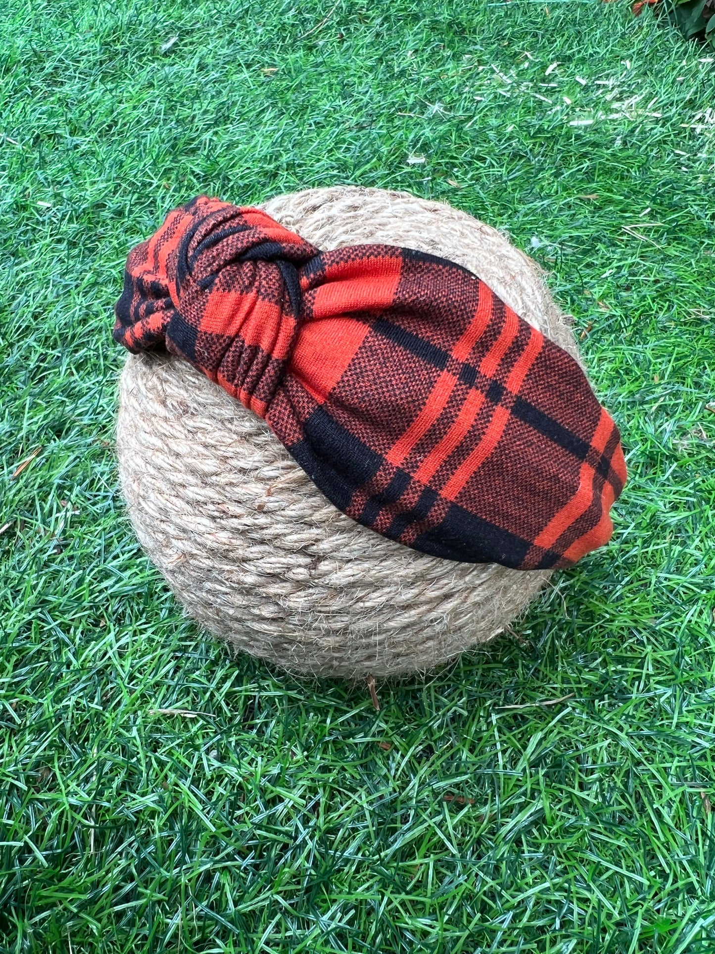 Orange/Black Plaid twistwrap/knotted headband