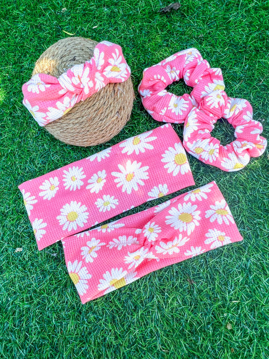 pink Daisy twistwrap/knitted headband/scrunchie