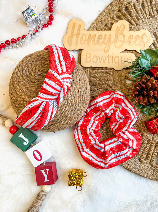 Candy cane glitter holo knotted headband, scrunchie