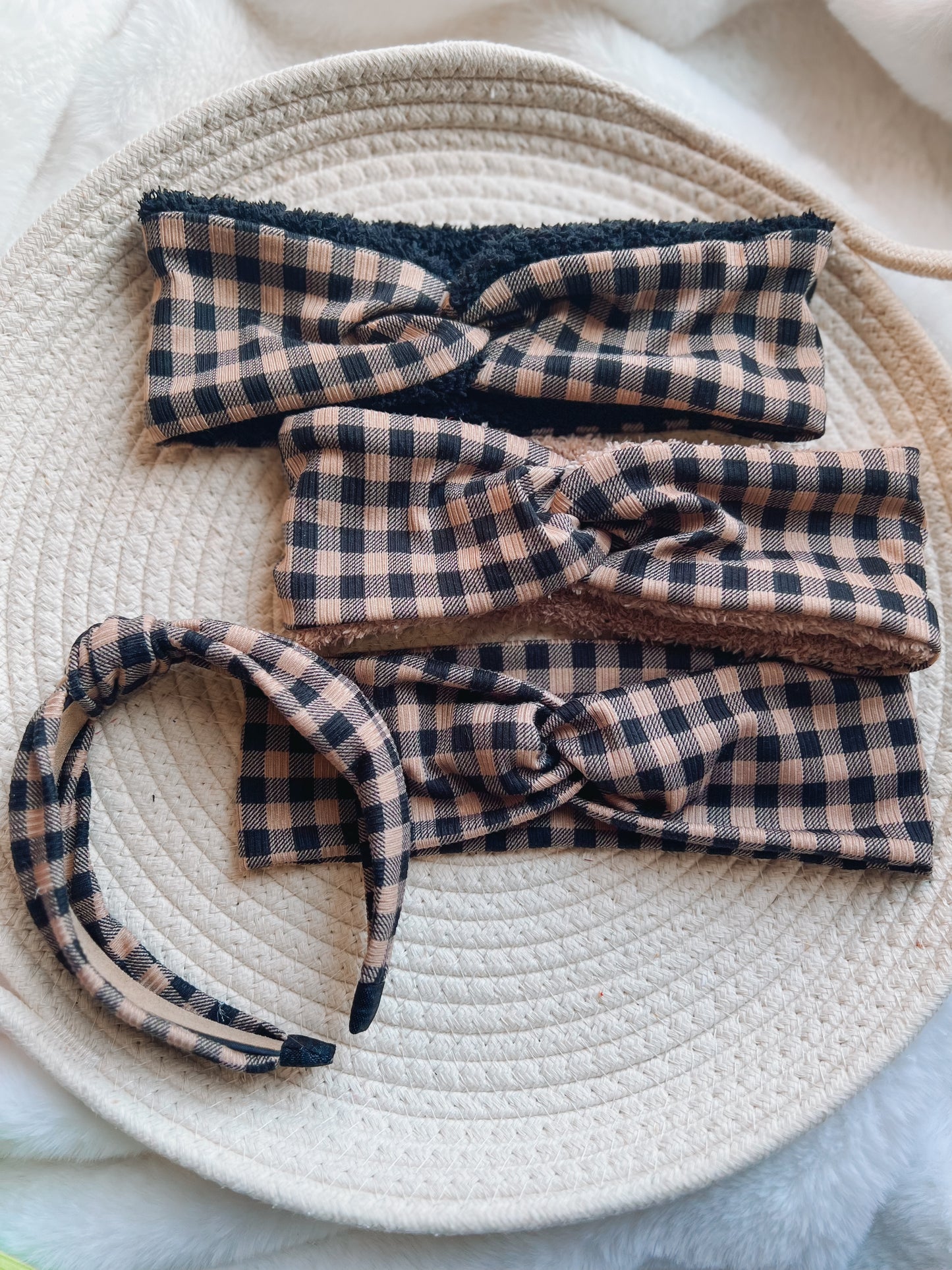 Cream Plaid twistwrap/knotted headband